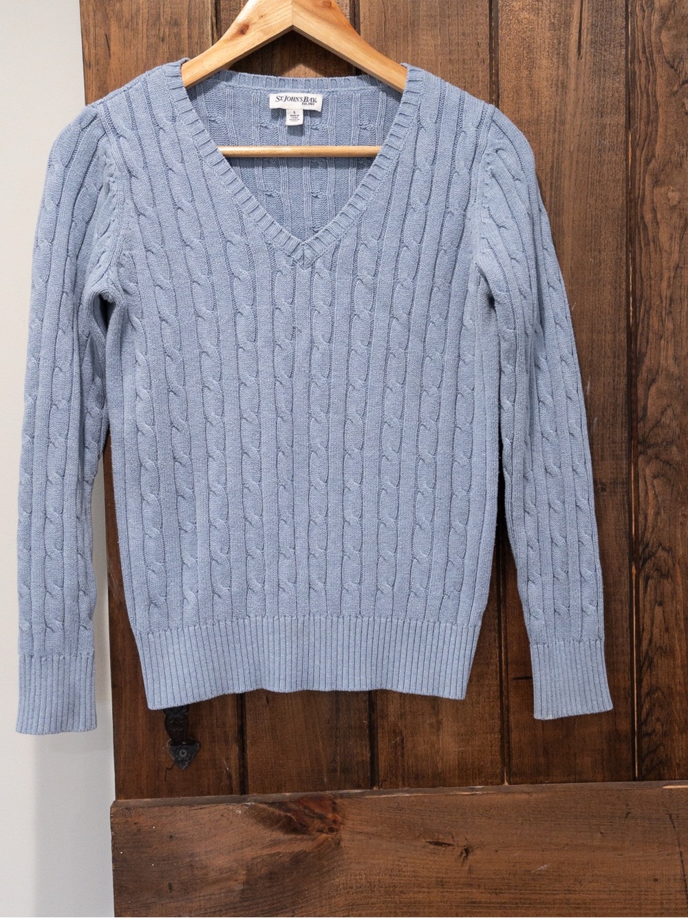 St. John's Bay Light Blue V Neck Cable Knit Sweater Classic Preppy Fisherman S